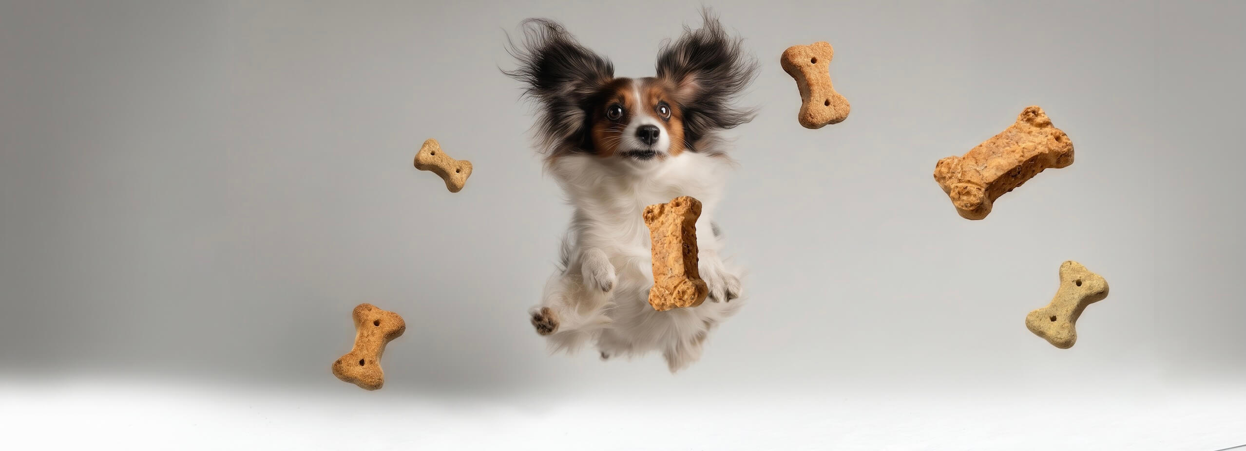 Perro saltando junto a galletas Pet Food Factory